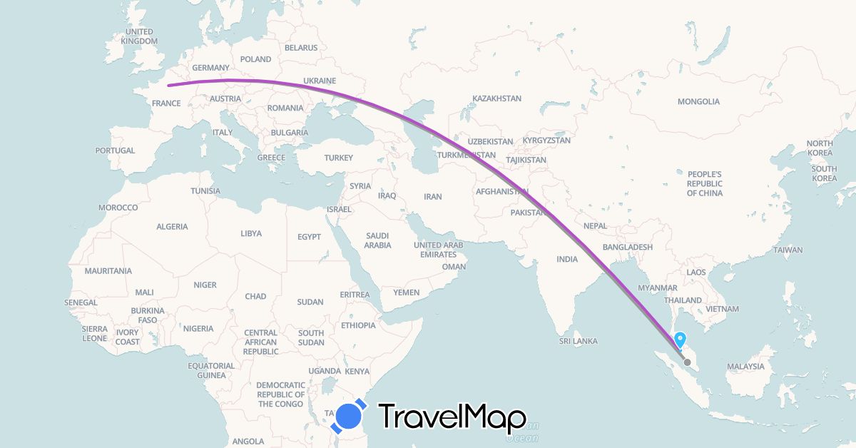 TravelMap itinerary: plane, train, boat in France, Malaysia (Asia, Europe)